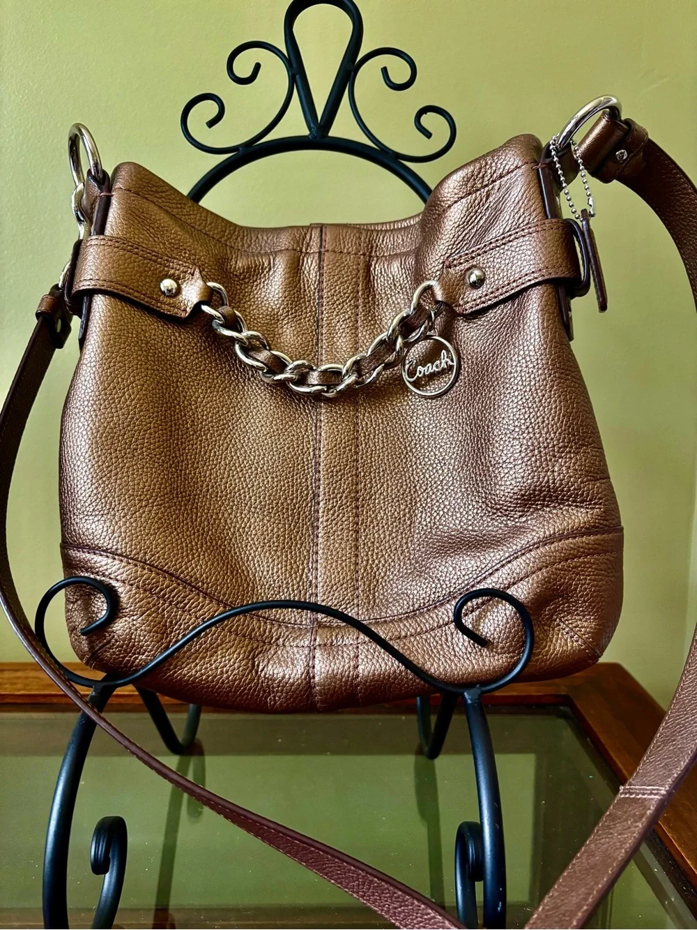 Coach Metallic Bronze Pebbled Leather Hobo Shoulder Bag with Chain Charm - Picture 2 of 13